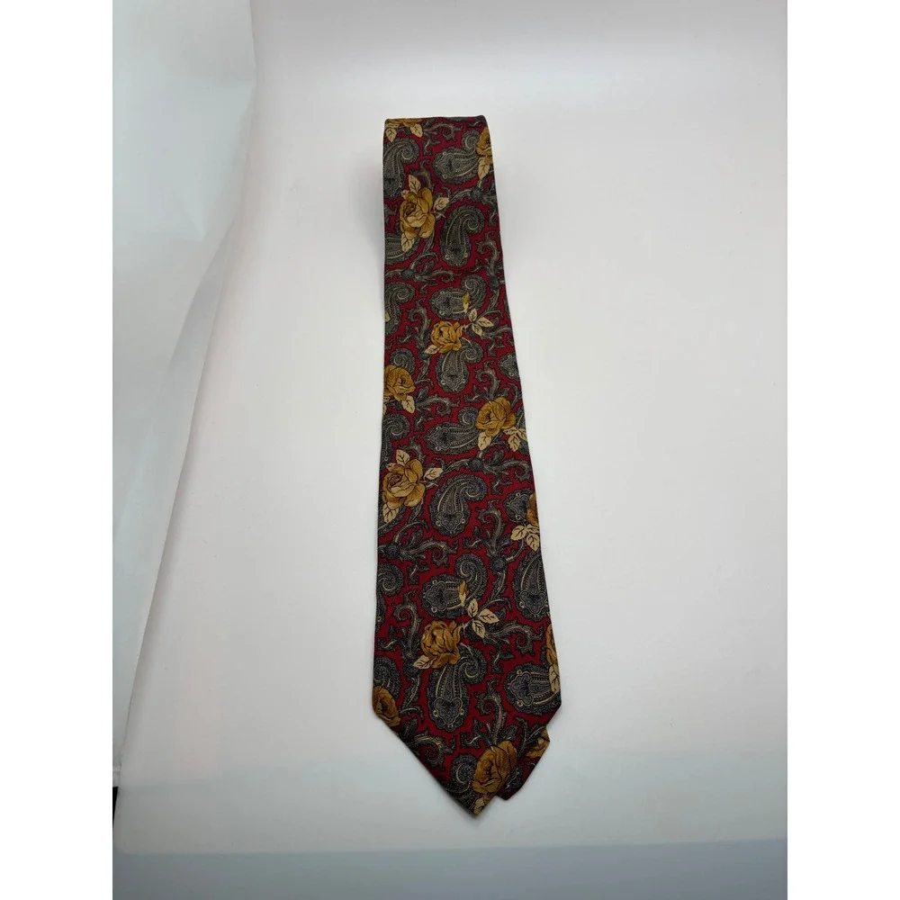 Jacobs Roberts Ltd Mens Silk Necktie Red Gold Floral Paisley Rose Print Tie